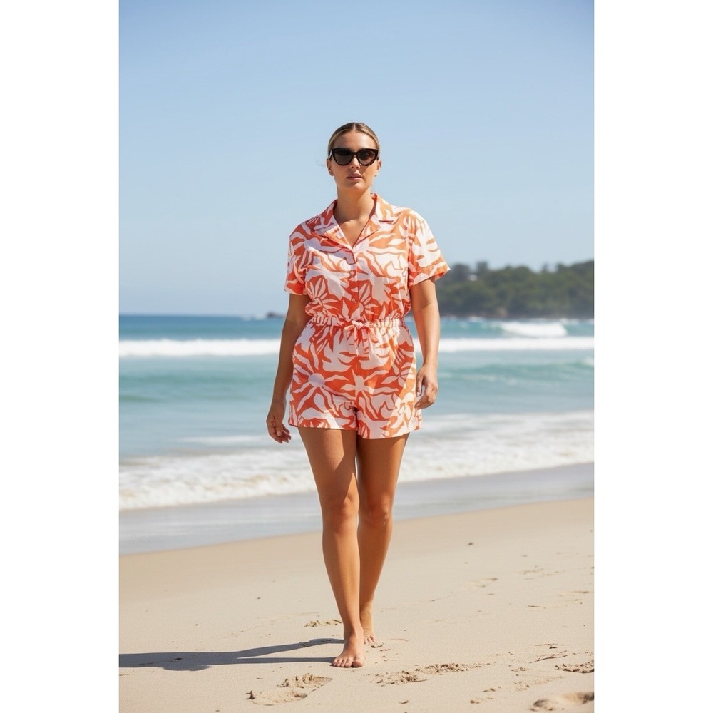 Fabletics Plus Size 1X Cotton Voile Short Romper Set Tropical Leaf Print NEW